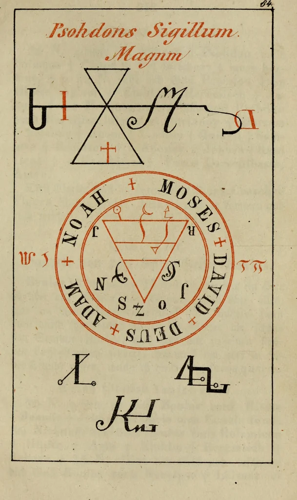 An illustration from Doktor Johannes Faust's Magia naturalis et innaturalis : oder, Dreifacher Höllenzwang, letztes Testament and Siegelkunst, nach einer kostbar ausgestattenten Handschrift in der Herzogl. Bibliothek zu Koburg vollständig und wortgetreu hrsg. in fünf Abtheilungen .., 1849, leaf 373