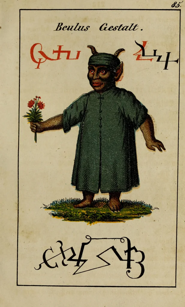 An illustration from Doktor Johannes Faust's Magia naturalis et innaturalis : oder, Dreifacher Höllenzwang, letztes Testament and Siegelkunst, nach einer kostbar ausgestattenten Handschrift in der Herzogl. Bibliothek zu Koburg vollständig und wortgetreu hrsg. in fünf Abtheilungen .., 1849, leaf 377