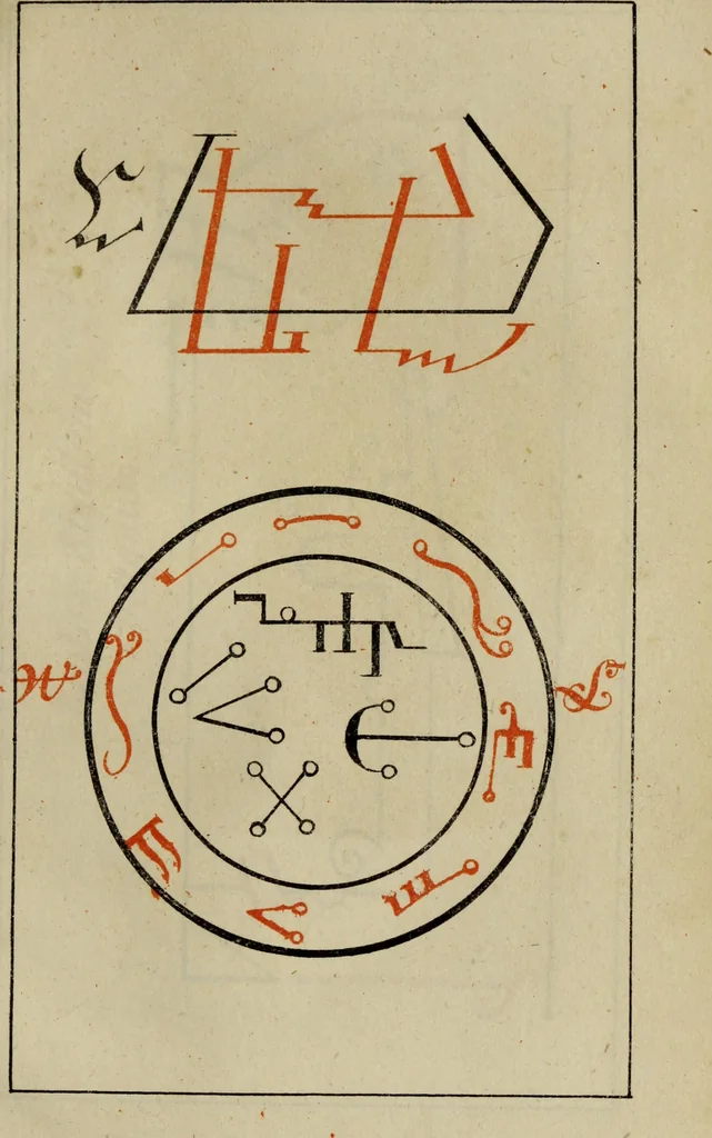 An illustration from Doktor Johannes Faust's Magia naturalis et innaturalis : oder, Dreifacher Höllenzwang, letztes Testament and Siegelkunst, nach einer kostbar ausgestattenten Handschrift in der Herzogl. Bibliothek zu Koburg vollständig und wortgetreu hrsg. in fünf Abtheilungen .., 1849, leaf 379