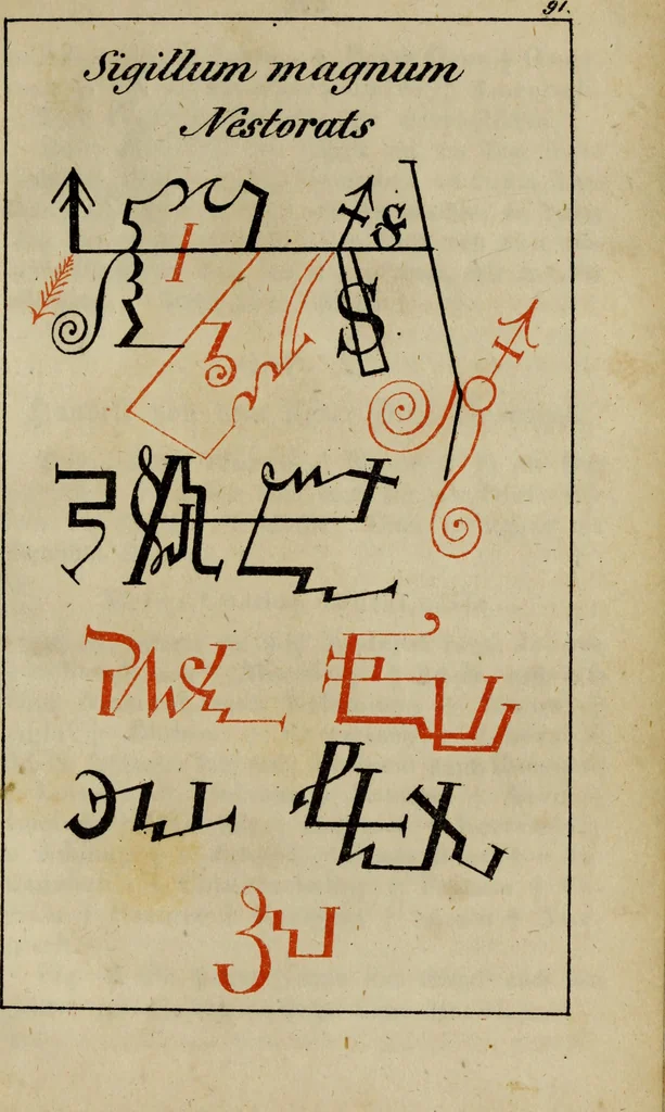 An illustration from Doktor Johannes Faust's Magia naturalis et innaturalis : oder, Dreifacher Höllenzwang, letztes Testament and Siegelkunst, nach einer kostbar ausgestattenten Handschrift in der Herzogl. Bibliothek zu Koburg vollständig und wortgetreu hrsg. in fünf Abtheilungen .., 1849, leaf 387