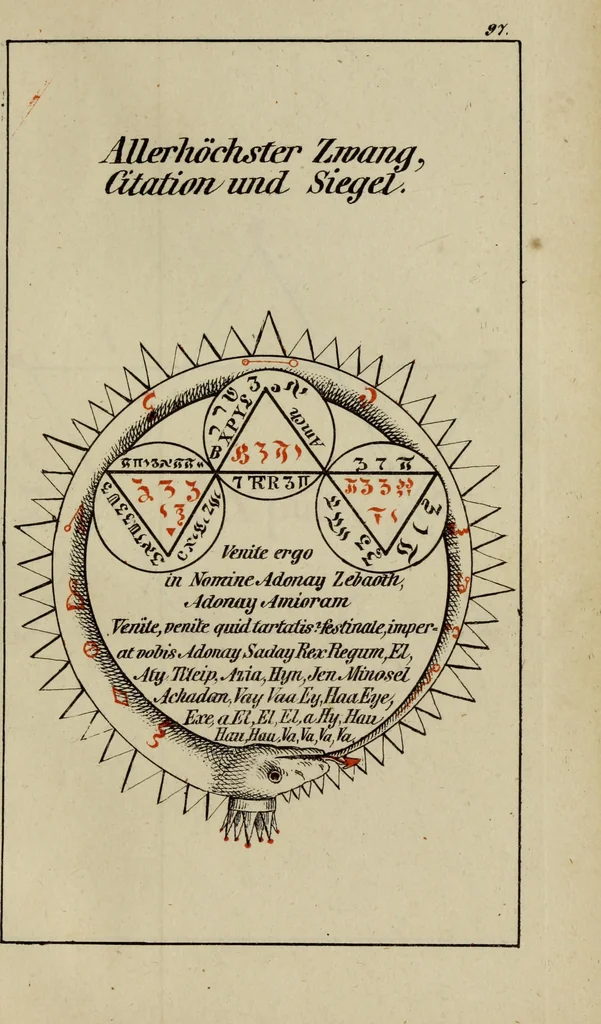 An illustration from Doktor Johannes Faust's Magia naturalis et innaturalis : oder, Dreifacher Höllenzwang, letztes Testament and Siegelkunst, nach einer kostbar ausgestattenten Handschrift in der Herzogl. Bibliothek zu Koburg vollständig und wortgetreu hrsg. in fünf Abtheilungen .., 1849, leaf 425