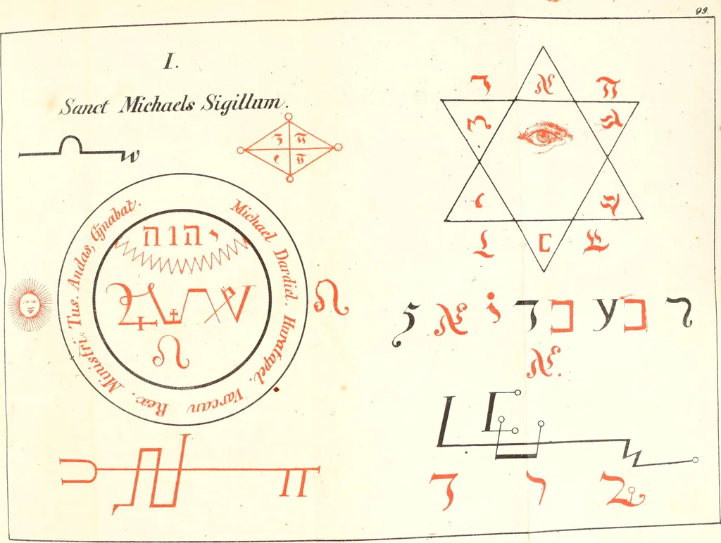 An illustration from Doktor Johannes Faust's Magia naturalis et innaturalis : oder, Dreifacher Höllenzwang, letztes Testament and Siegelkunst, nach einer kostbar ausgestattenten Handschrift in der Herzogl. Bibliothek zu Koburg vollständig und wortgetreu hrsg. in fünf Abtheilungen .., 1849, leaf 429