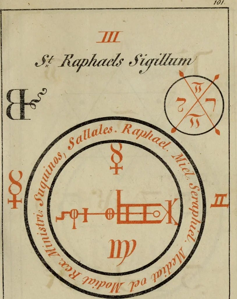 An illustration from Doktor Johannes Faust's Magia naturalis et innaturalis : oder, Dreifacher Höllenzwang, letztes Testament and Siegelkunst, nach einer kostbar ausgestattenten Handschrift in der Herzogl. Bibliothek zu Koburg vollständig und wortgetreu hrsg. in fünf Abtheilungen .., 1849, leaf 433