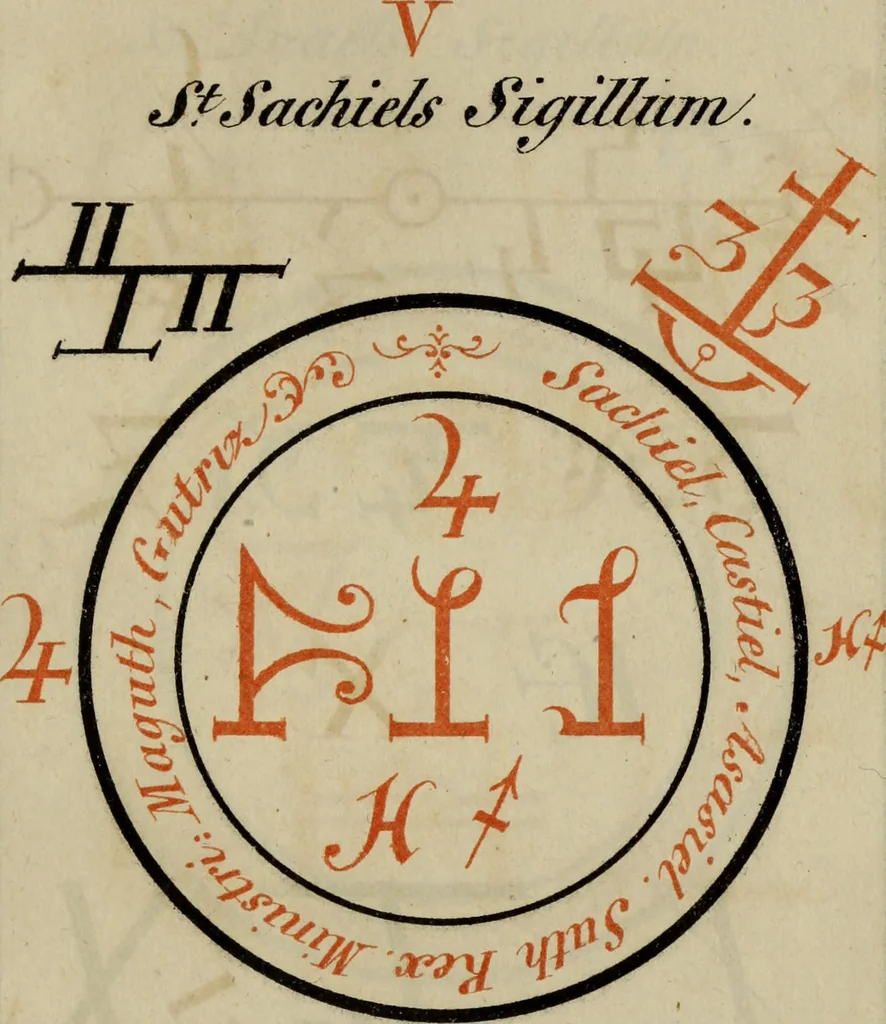 An illustration from Doktor Johannes Faust's Magia naturalis et innaturalis : oder, Dreifacher Höllenzwang, letztes Testament and Siegelkunst, nach einer kostbar ausgestattenten Handschrift in der Herzogl. Bibliothek zu Koburg vollständig und wortgetreu hrsg. in fünf Abtheilungen .., 1849, leaf 437
