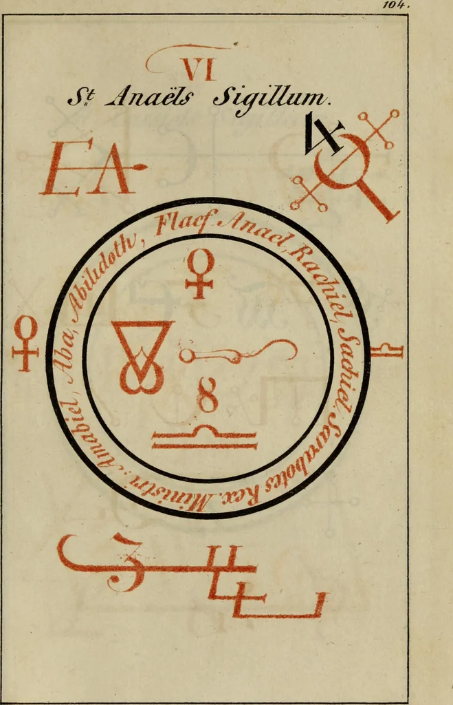 An illustration from Doktor Johannes Faust's Magia naturalis et innaturalis : oder, Dreifacher Höllenzwang, letztes Testament and Siegelkunst, nach einer kostbar ausgestattenten Handschrift in der Herzogl. Bibliothek zu Koburg vollständig und wortgetreu hrsg. in fünf Abtheilungen .., 1849, leaf 439