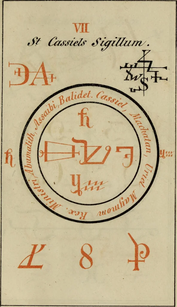 An illustration from Doktor Johannes Faust's Magia naturalis et innaturalis : oder, Dreifacher Höllenzwang, letztes Testament and Siegelkunst, nach einer kostbar ausgestattenten Handschrift in der Herzogl. Bibliothek zu Koburg vollständig und wortgetreu hrsg. in fünf Abtheilungen .., 1849, leaf 441