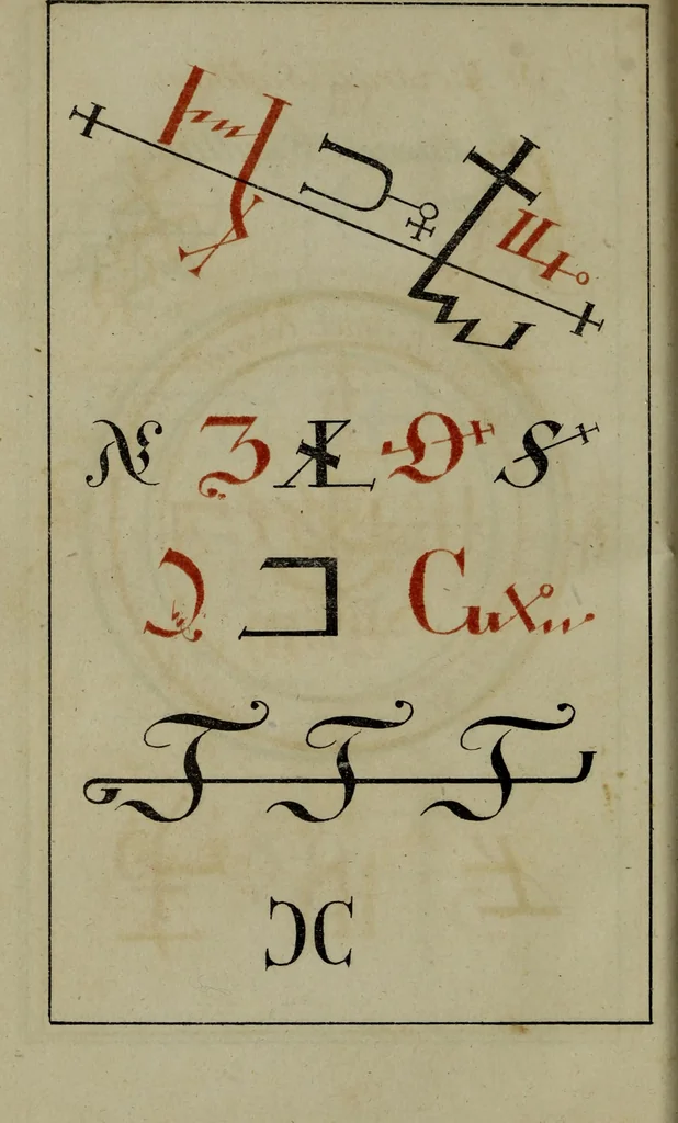 An illustration from Doktor Johannes Faust's Magia naturalis et innaturalis : oder, Dreifacher Höllenzwang, letztes Testament and Siegelkunst, nach einer kostbar ausgestattenten Handschrift in der Herzogl. Bibliothek zu Koburg vollständig und wortgetreu hrsg. in fünf Abtheilungen .., 1849, leaf 442