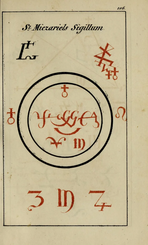An illustration from Doktor Johannes Faust's Magia naturalis et innaturalis : oder, Dreifacher Höllenzwang, letztes Testament and Siegelkunst, nach einer kostbar ausgestattenten Handschrift in der Herzogl. Bibliothek zu Koburg vollständig und wortgetreu hrsg. in fünf Abtheilungen .., 1849, leaf 443