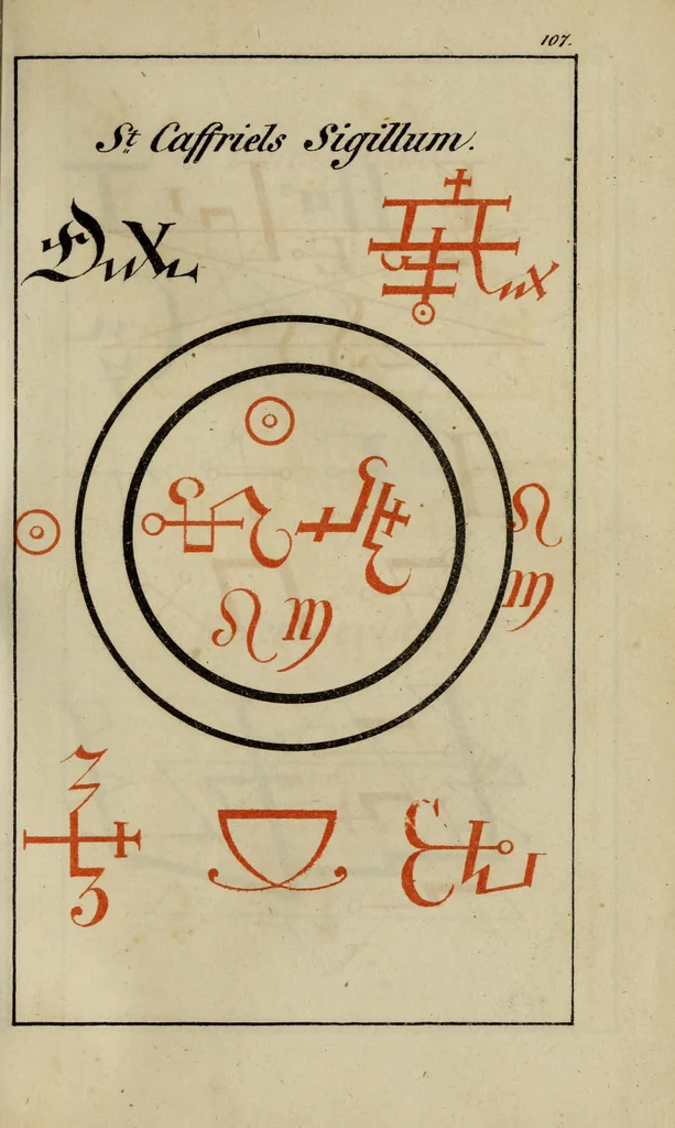 An illustration from Doktor Johannes Faust's Magia naturalis et innaturalis : oder, Dreifacher Höllenzwang, letztes Testament and Siegelkunst, nach einer kostbar ausgestattenten Handschrift in der Herzogl. Bibliothek zu Koburg vollständig und wortgetreu hrsg. in fünf Abtheilungen .., 1849, leaf 445