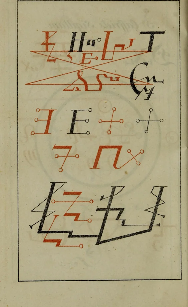 An illustration from Doktor Johannes Faust's Magia naturalis et innaturalis : oder, Dreifacher Höllenzwang, letztes Testament and Siegelkunst, nach einer kostbar ausgestattenten Handschrift in der Herzogl. Bibliothek zu Koburg vollständig und wortgetreu hrsg. in fünf Abtheilungen .., 1849, leaf 446