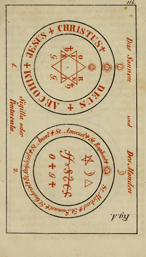 An illustration from Doktor Johannes Faust's Magia naturalis et innaturalis : oder, Dreifacher Höllenzwang, letztes Testament and Siegelkunst, nach einer kostbar ausgestattenten Handschrift in der Herzogl. Bibliothek zu Koburg vollständig und wortgetreu hrsg. in fünf Abtheilungen .., 1849, leaf 469
