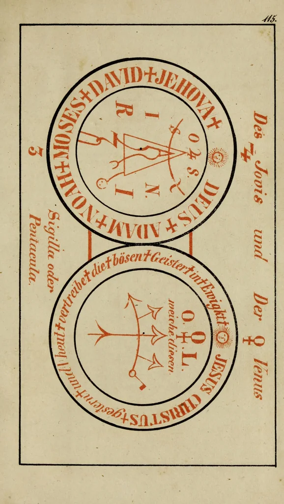 An illustration from Doktor Johannes Faust's Magia naturalis et innaturalis : oder, Dreifacher Höllenzwang, letztes Testament and Siegelkunst, nach einer kostbar ausgestattenten Handschrift in der Herzogl. Bibliothek zu Koburg vollständig und wortgetreu hrsg. in fünf Abtheilungen .., 1849, leaf 471