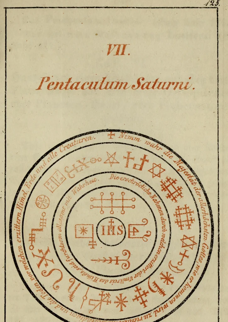 An illustration from Doktor Johannes Faust's Magia naturalis et innaturalis : oder, Dreifacher Höllenzwang, letztes Testament and Siegelkunst, nach einer kostbar ausgestattenten Handschrift in der Herzogl. Bibliothek zu Koburg vollständig und wortgetreu hrsg. in fünf Abtheilungen .., 1849, leaf 491