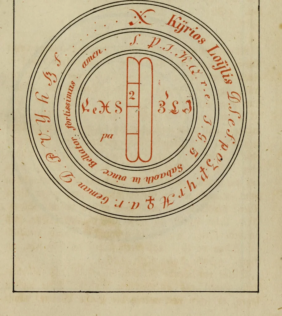 An illustration from Doktor Johannes Faust's Magia naturalis et innaturalis : oder, Dreifacher Höllenzwang, letztes Testament and Siegelkunst, nach einer kostbar ausgestattenten Handschrift in der Herzogl. Bibliothek zu Koburg vollständig und wortgetreu hrsg. in fünf Abtheilungen .., 1849, leaf 495