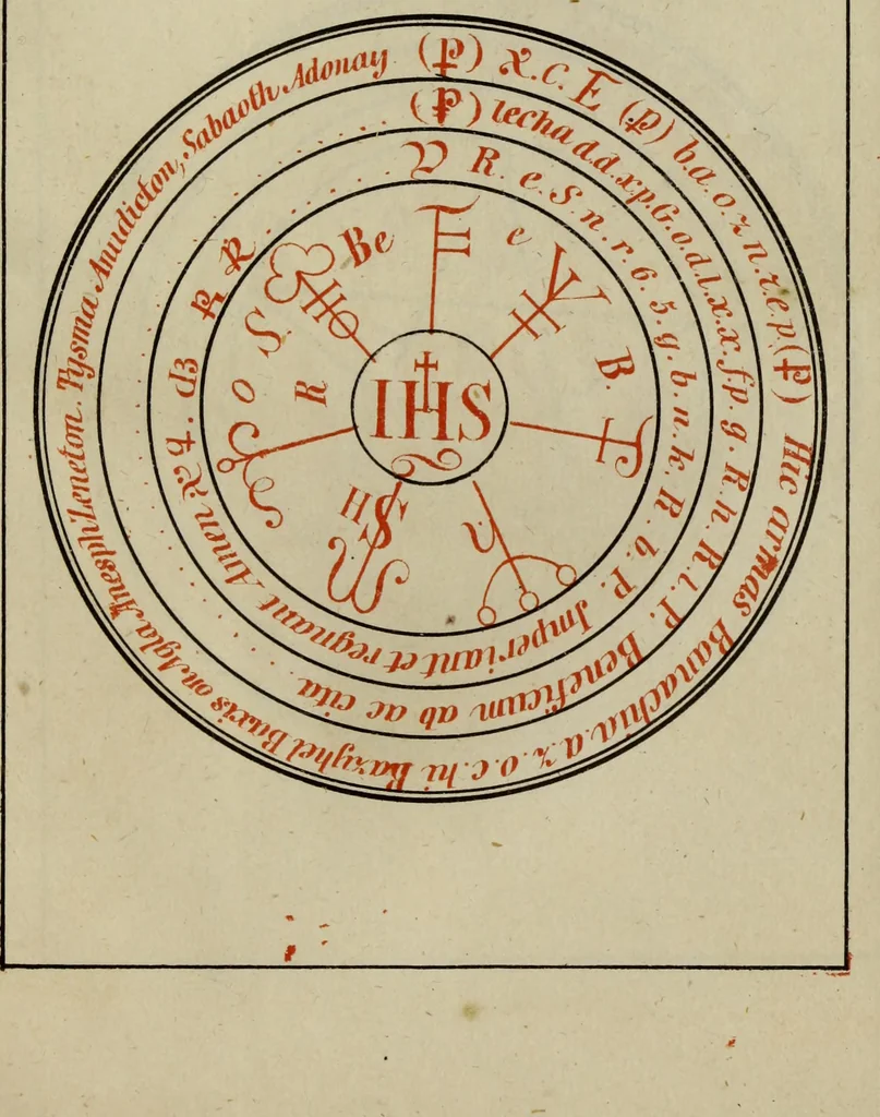 An illustration from Doktor Johannes Faust's Magia naturalis et innaturalis : oder, Dreifacher Höllenzwang, letztes Testament and Siegelkunst, nach einer kostbar ausgestattenten Handschrift in der Herzogl. Bibliothek zu Koburg vollständig und wortgetreu hrsg. in fünf Abtheilungen .., 1849, leaf 497