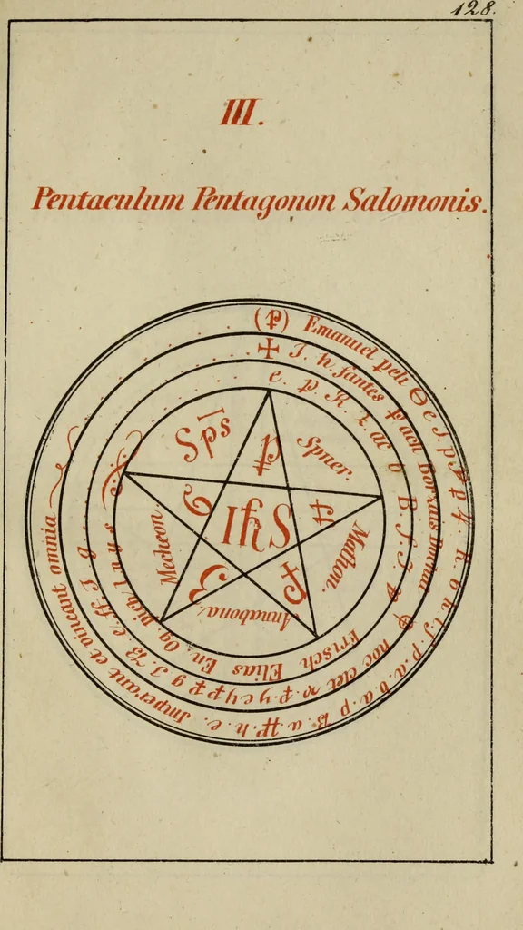 An illustration from Doktor Johannes Faust's Magia naturalis et innaturalis : oder, Dreifacher Höllenzwang, letztes Testament and Siegelkunst, nach einer kostbar ausgestattenten Handschrift in der Herzogl. Bibliothek zu Koburg vollständig und wortgetreu hrsg. in fünf Abtheilungen .., 1849, leaf 499