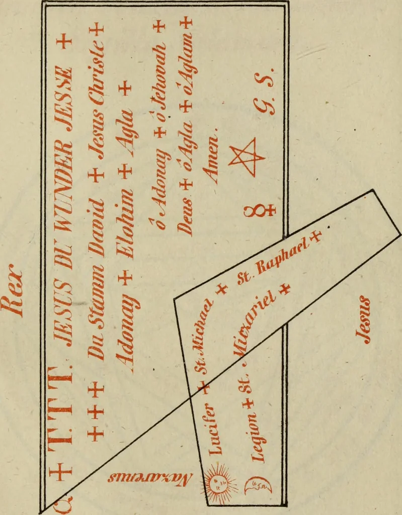An illustration from Doktor Johannes Faust's Magia naturalis et innaturalis : oder, Dreifacher Höllenzwang, letztes Testament and Siegelkunst, nach einer kostbar ausgestattenten Handschrift in der Herzogl. Bibliothek zu Koburg vollständig und wortgetreu hrsg. in fünf Abtheilungen .., 1849, leaf 505