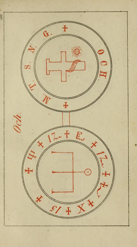 An illustration from Doktor Johannes Faust's Magia naturalis et innaturalis : oder, Dreifacher Höllenzwang, letztes Testament and Siegelkunst, nach einer kostbar ausgestattenten Handschrift in der Herzogl. Bibliothek zu Koburg vollständig und wortgetreu hrsg. in fünf Abtheilungen .., 1849, leaf 519