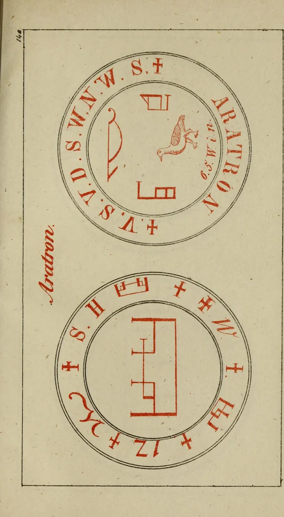 An illustration from Doktor Johannes Faust's Magia naturalis et innaturalis : oder, Dreifacher Höllenzwang, letztes Testament and Siegelkunst, nach einer kostbar ausgestattenten Handschrift in der Herzogl. Bibliothek zu Koburg vollständig und wortgetreu hrsg. in fünf Abtheilungen .., 1849, leaf 525