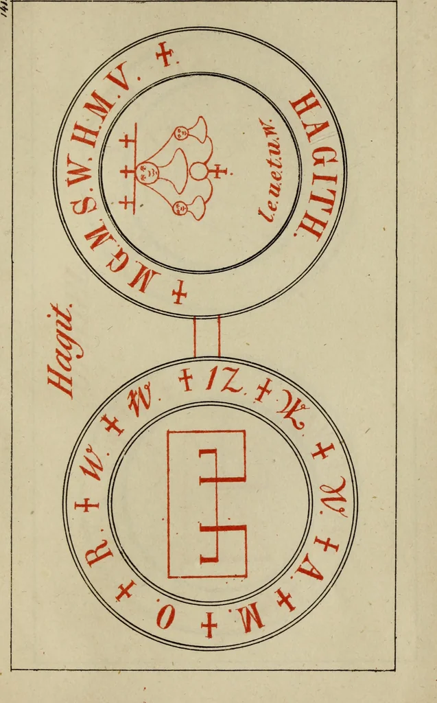 An illustration from Doktor Johannes Faust's Magia naturalis et innaturalis : oder, Dreifacher Höllenzwang, letztes Testament and Siegelkunst, nach einer kostbar ausgestattenten Handschrift in der Herzogl. Bibliothek zu Koburg vollständig und wortgetreu hrsg. in fünf Abtheilungen .., 1849, leaf 527