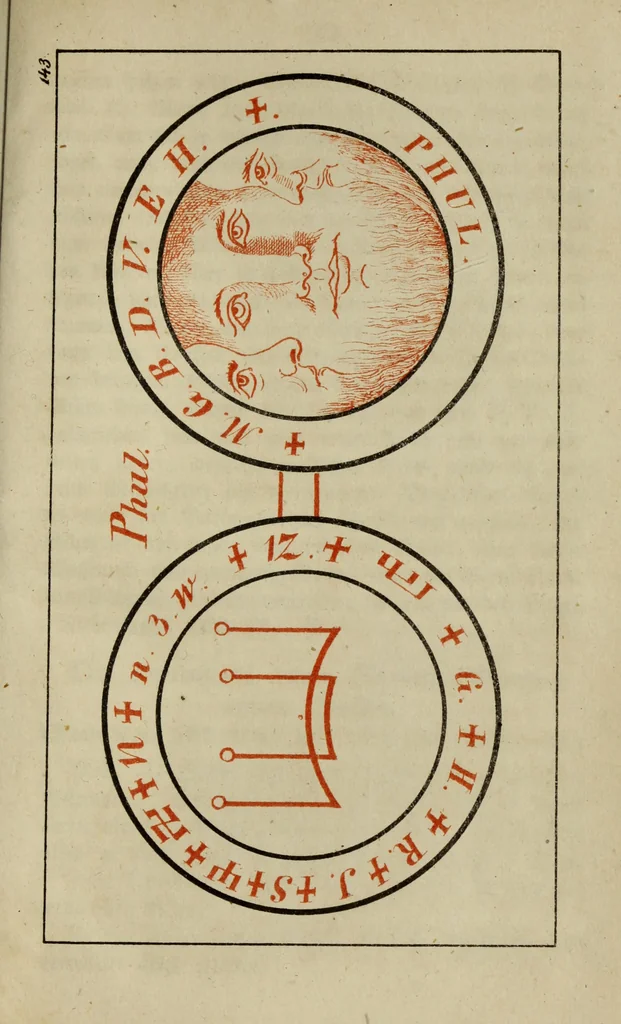 An illustration from Doktor Johannes Faust's Magia naturalis et innaturalis : oder, Dreifacher Höllenzwang, letztes Testament and Siegelkunst, nach einer kostbar ausgestattenten Handschrift in der Herzogl. Bibliothek zu Koburg vollständig und wortgetreu hrsg. in fünf Abtheilungen .., 1849, leaf 531