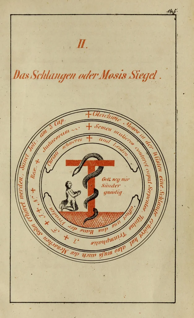 An illustration from Doktor Johannes Faust's Magia naturalis et innaturalis : oder, Dreifacher Höllenzwang, letztes Testament and Siegelkunst, nach einer kostbar ausgestattenten Handschrift in der Herzogl. Bibliothek zu Koburg vollständig und wortgetreu hrsg. in fünf Abtheilungen .., 1849, leaf 539