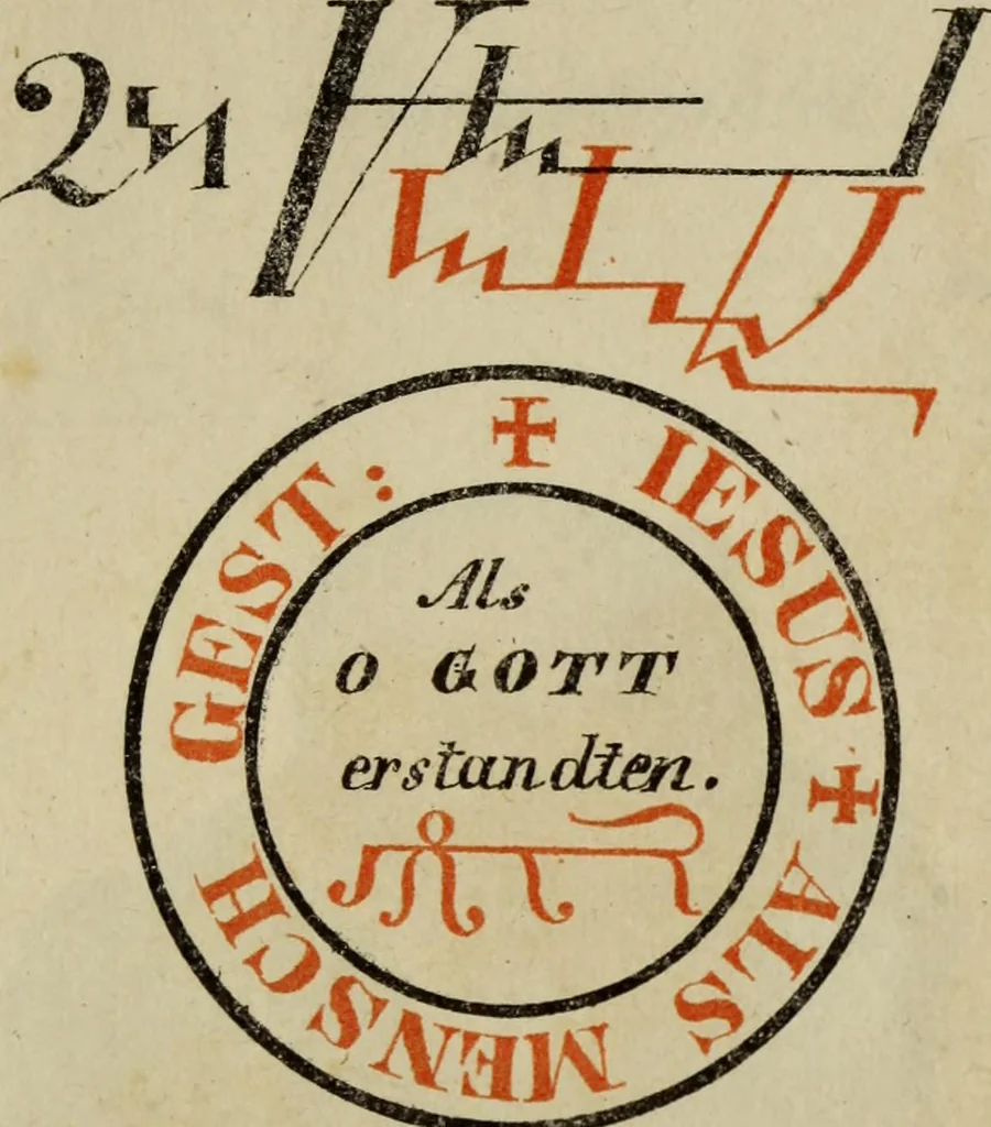 An illustration from Doktor Johannes Faust's Magia naturalis et innaturalis : oder, Dreifacher Höllenzwang, letztes Testament and Siegelkunst, nach einer kostbar ausgestattenten Handschrift in der Herzogl. Bibliothek zu Koburg vollständig und wortgetreu hrsg. in fünf Abtheilungen .., 1849, leaf 69