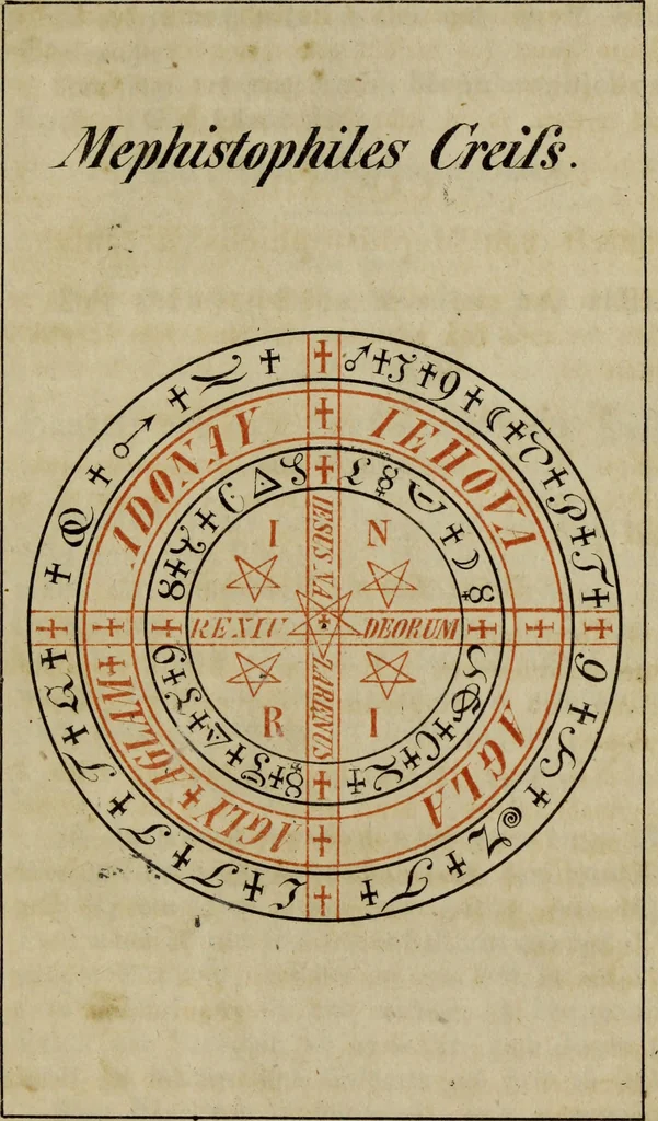 An illustration from Doktor Johannes Faust's Magia naturalis et innaturalis : oder, Dreifacher Höllenzwang, letztes Testament and Siegelkunst, nach einer kostbar ausgestattenten Handschrift in der Herzogl. Bibliothek zu Koburg vollständig und wortgetreu hrsg. in fünf Abtheilungen .., 1849, leaf 79