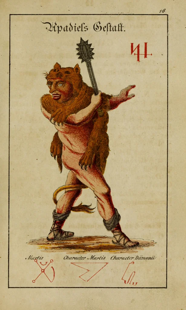An illustration from Doktor Johannes Faust's Magia naturalis et innaturalis : oder, Dreifacher Höllenzwang, letztes Testament and Siegelkunst, nach einer kostbar ausgestattenten Handschrift in der Herzogl. Bibliothek zu Koburg vollständig und wortgetreu hrsg. in fünf Abtheilungen .., 1849, leaf 83