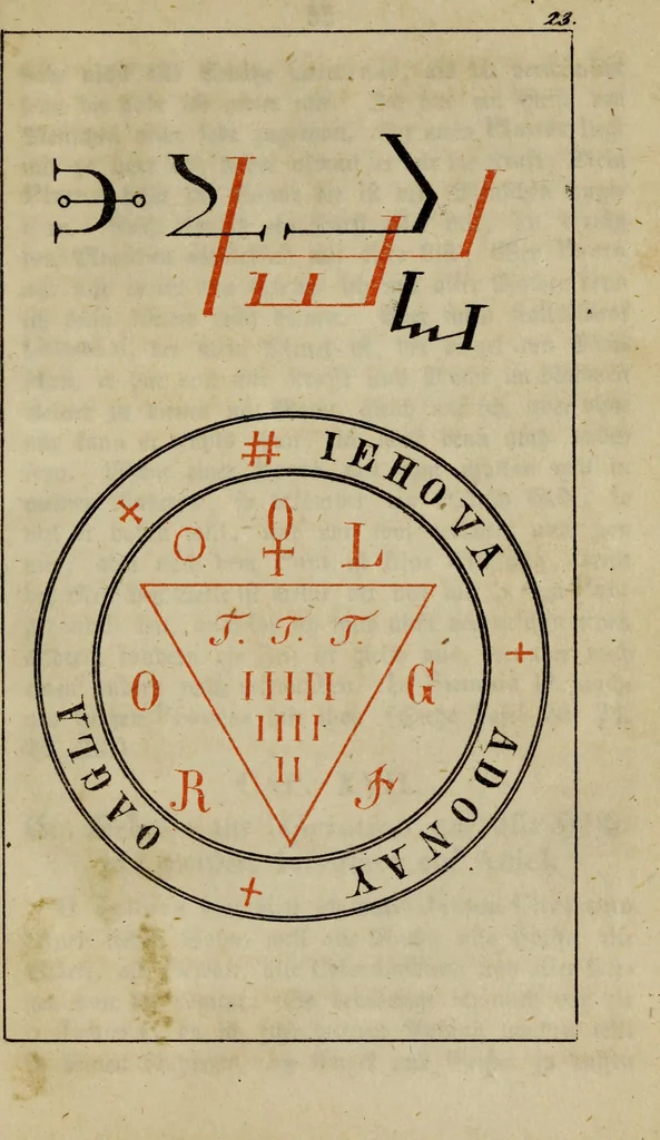 An illustration from Doktor Johannes Faust's Magia naturalis et innaturalis : oder, Dreifacher Höllenzwang, letztes Testament and Siegelkunst, nach einer kostbar ausgestattenten Handschrift in der Herzogl. Bibliothek zu Koburg vollständig und wortgetreu hrsg. in fünf Abtheilungen .., 1849, leaf 97