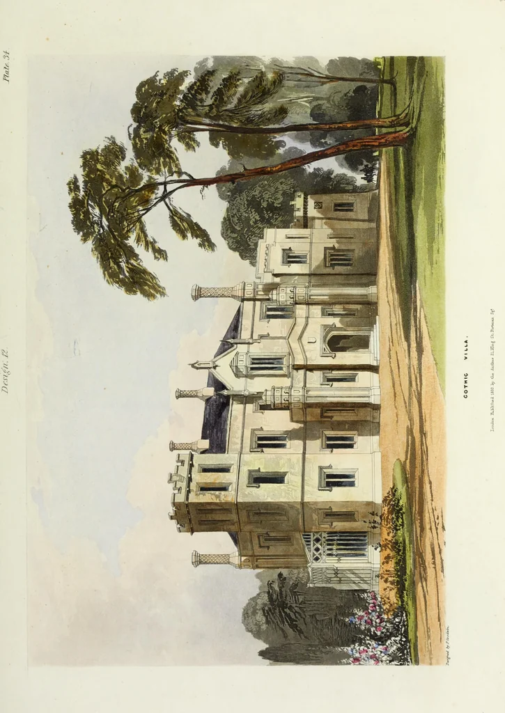 An illustration from Domestic architecture, being a series of designs for mansions, villas, rectory houses, parsonage houses, bailiffs' lodge, gardener's lodge, game-keeper's lodge, park gate lodges, etc. in the Grecian, Italian, and old English styles of architecture. With observations on the appropriate choice of site; the whole designed with strict reference to the practicability of erection, and with due attention to the important consideration of uniting elegance, convenience and domestic comfort with economy ... With accurate estimates appended to each design, 1833, leaf 101