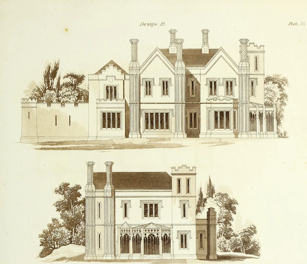An illustration from Domestic architecture, being a series of designs for mansions, villas, rectory houses, parsonage houses, bailiffs' lodge, gardener's lodge, game-keeper's lodge, park gate lodges, etc. in the Grecian, Italian, and old English styles of architecture. With observations on the appropriate choice of site; the whole designed with strict reference to the practicability of erection, and with due attention to the important consideration of uniting elegance, convenience and domestic comfort with economy ... With accurate estimates appended to each design, 1833, leaf 103