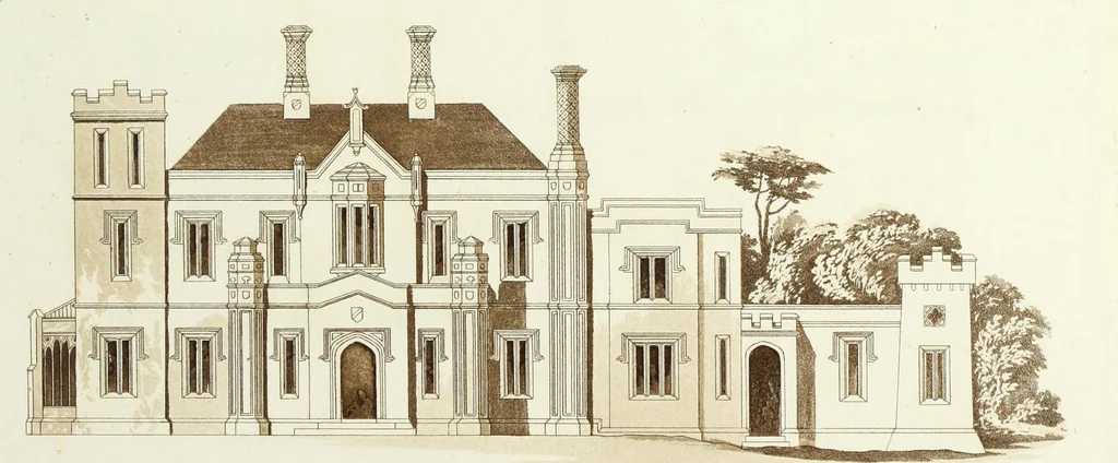 An illustration from Domestic architecture, being a series of designs for mansions, villas, rectory houses, parsonage houses, bailiffs' lodge, gardener's lodge, game-keeper's lodge, park gate lodges, etc. in the Grecian, Italian, and old English styles of architecture. With observations on the appropriate choice of site; the whole designed with strict reference to the practicability of erection, and with due attention to the important consideration of uniting elegance, convenience and domestic comfort with economy ... With accurate estimates appended to each design, 1833, leaf 103