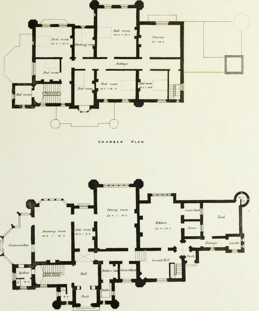 An illustration from Domestic architecture, being a series of designs for mansions, villas, rectory houses, parsonage houses, bailiffs' lodge, gardener's lodge, game-keeper's lodge, park gate lodges, etc. in the Grecian, Italian, and old English styles of architecture. With observations on the appropriate choice of site; the whole designed with strict reference to the practicability of erection, and with due attention to the important consideration of uniting elegance, convenience and domestic comfort with economy ... With accurate estimates appended to each design, 1833, leaf 105