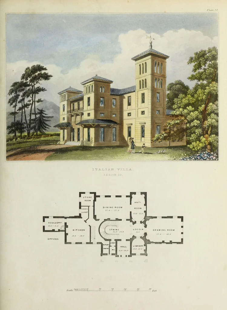 An illustration from Domestic architecture, being a series of designs for mansions, villas, rectory houses, parsonage houses, bailiffs' lodge, gardener's lodge, game-keeper's lodge, park gate lodges, etc. in the Grecian, Italian, and old English styles of architecture. With observations on the appropriate choice of site; the whole designed with strict reference to the practicability of erection, and with due attention to the important consideration of uniting elegance, convenience and domestic comfort with economy ... With accurate estimates appended to each design, 1833, leaf 109