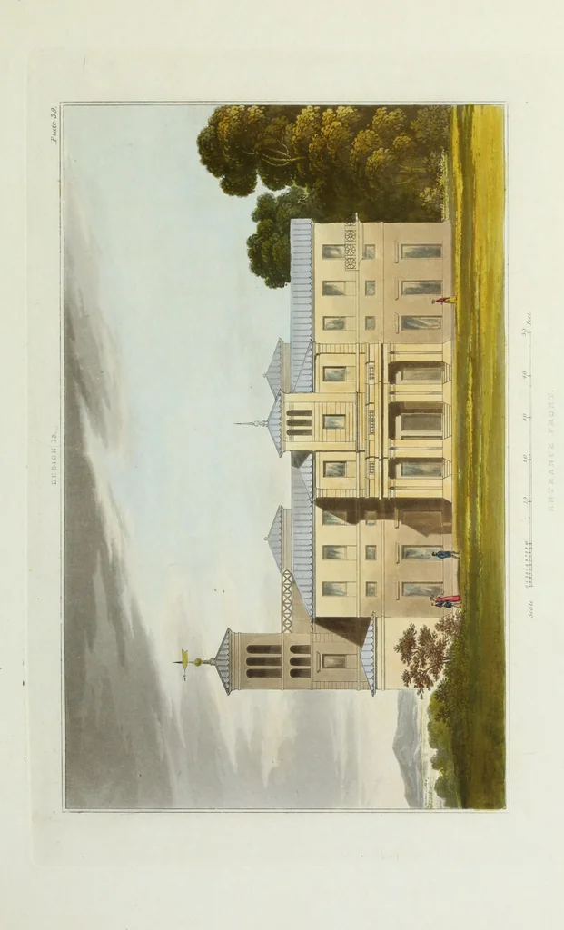 An illustration from Domestic architecture, being a series of designs for mansions, villas, rectory houses, parsonage houses, bailiffs' lodge, gardener's lodge, game-keeper's lodge, park gate lodges, etc. in the Grecian, Italian, and old English styles of architecture. With observations on the appropriate choice of site; the whole designed with strict reference to the practicability of erection, and with due attention to the important consideration of uniting elegance, convenience and domestic comfort with economy ... With accurate estimates appended to each design, 1833, leaf 113