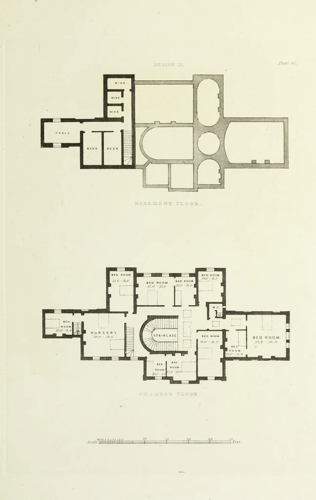 An illustration from Domestic architecture, being a series of designs for mansions, villas, rectory houses, parsonage houses, bailiffs' lodge, gardener's lodge, game-keeper's lodge, park gate lodges, etc. in the Grecian, Italian, and old English styles of architecture. With observations on the appropriate choice of site; the whole designed with strict reference to the practicability of erection, and with due attention to the important consideration of uniting elegance, convenience and domestic comfort with economy ... With accurate estimates appended to each design, 1833, leaf 117