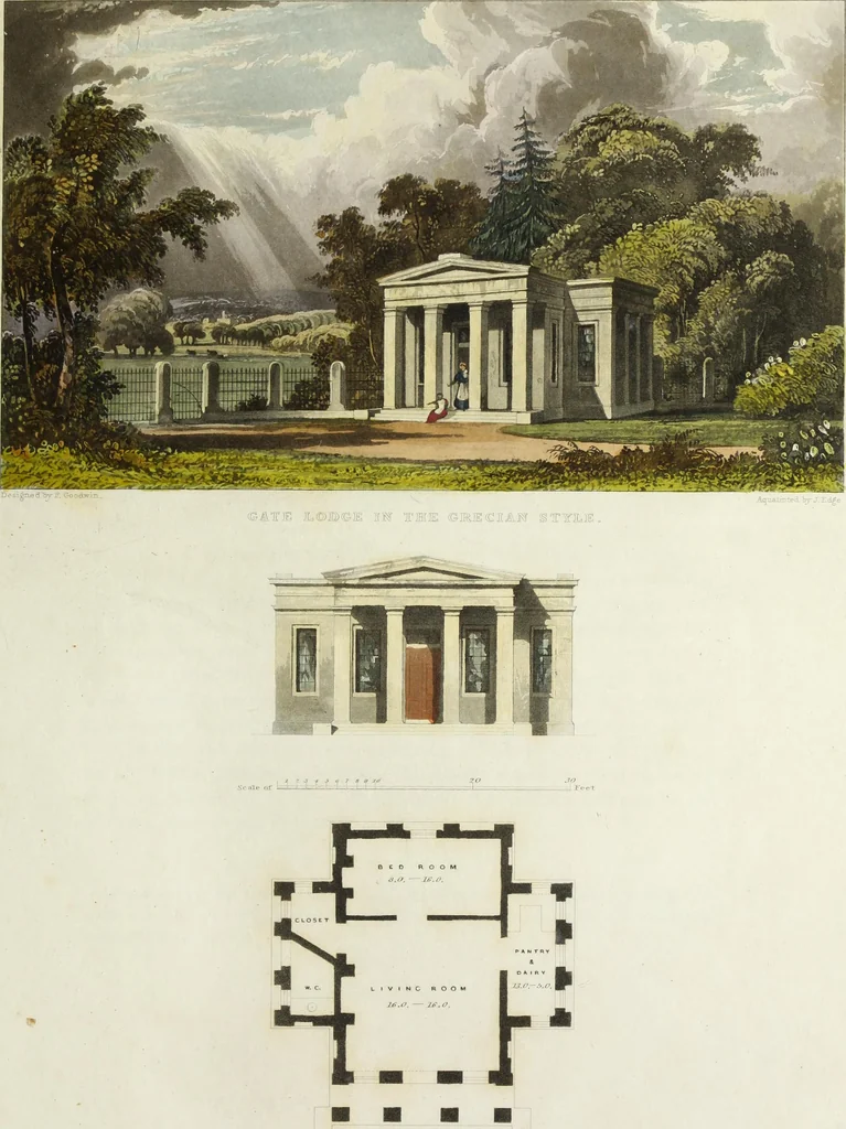 An illustration from Domestic architecture, being a series of designs for mansions, villas, rectory houses, parsonage houses, bailiffs' lodge, gardener's lodge, game-keeper's lodge, park gate lodges, etc. in the Grecian, Italian, and old English styles of architecture. With observations on the appropriate choice of site; the whole designed with strict reference to the practicability of erection, and with due attention to the important consideration of uniting elegance, convenience and domestic comfort with economy ... With accurate estimates appended to each design, 1833, leaf 145