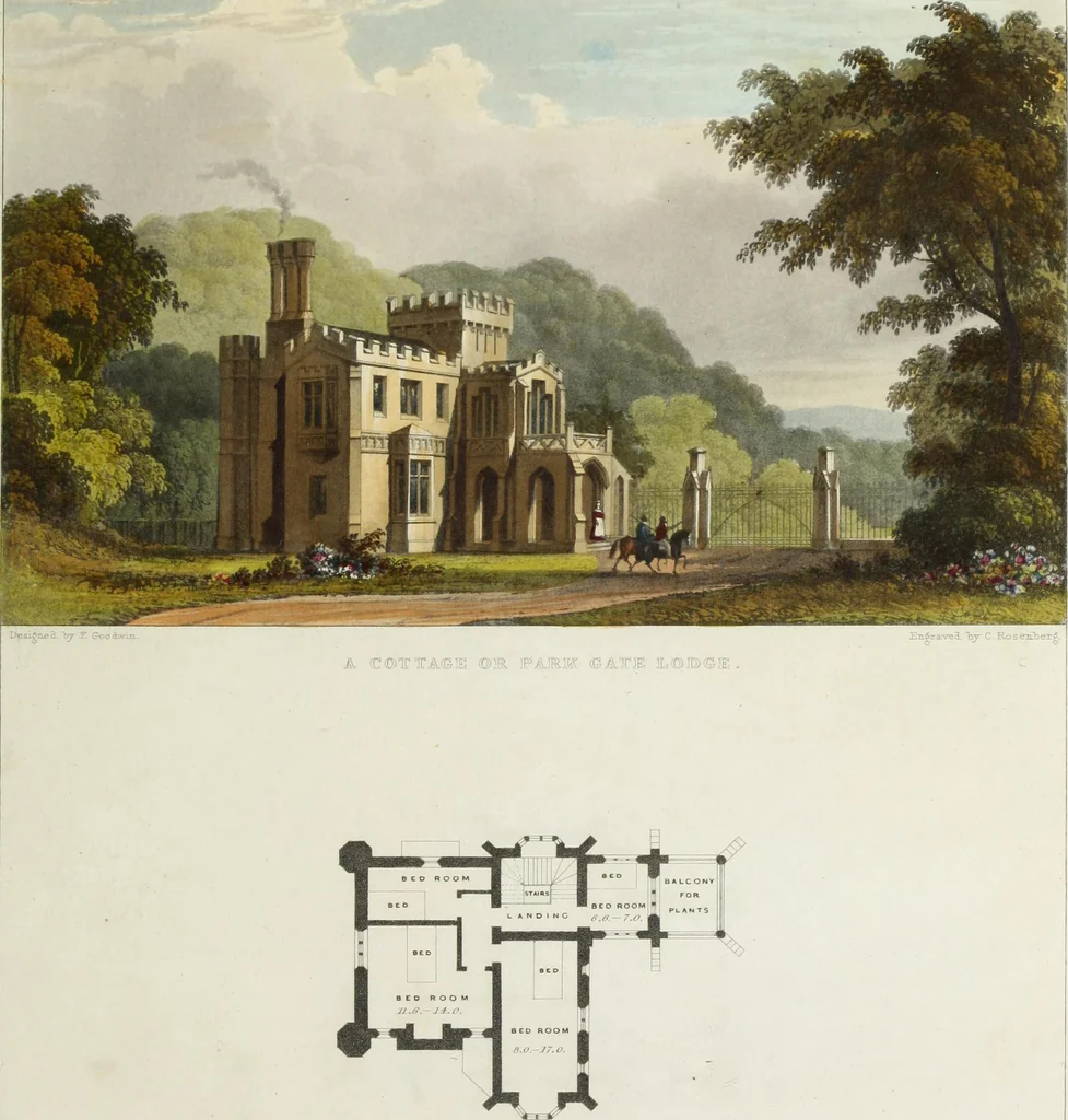 An illustration from Domestic architecture, being a series of designs for mansions, villas, rectory houses, parsonage houses, bailiffs' lodge, gardener's lodge, game-keeper's lodge, park gate lodges, etc. in the Grecian, Italian, and old English styles of architecture. With observations on the appropriate choice of site; the whole designed with strict reference to the practicability of erection, and with due attention to the important consideration of uniting elegance, convenience and domestic comfort with economy ... With accurate estimates appended to each design, 1833, leaf 149