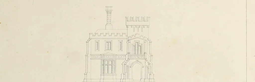 An illustration from Domestic architecture, being a series of designs for mansions, villas, rectory houses, parsonage houses, bailiffs' lodge, gardener's lodge, game-keeper's lodge, park gate lodges, etc. in the Grecian, Italian, and old English styles of architecture. With observations on the appropriate choice of site; the whole designed with strict reference to the practicability of erection, and with due attention to the important consideration of uniting elegance, convenience and domestic comfort with economy ... With accurate estimates appended to each design, 1833, leaf 151
