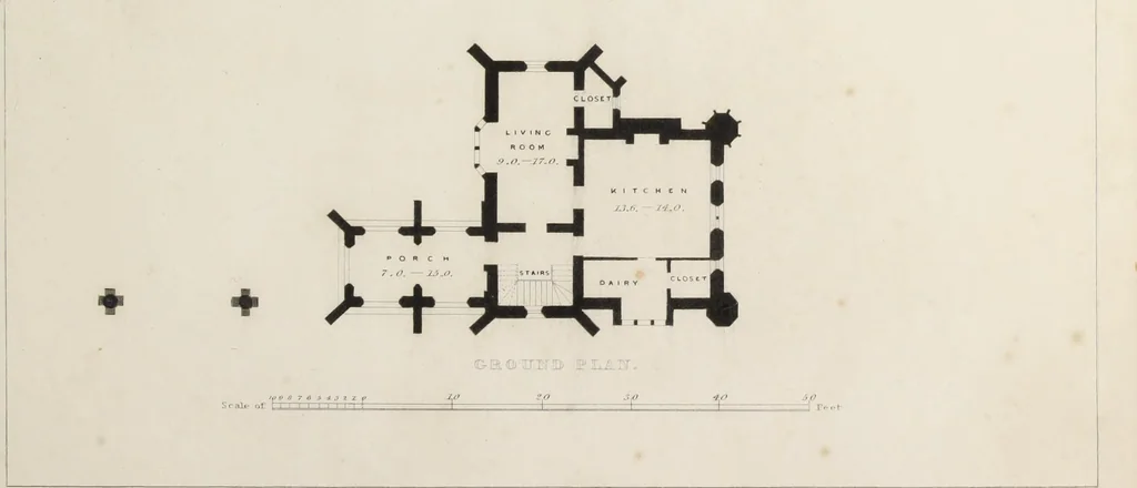 An illustration from Domestic architecture, being a series of designs for mansions, villas, rectory houses, parsonage houses, bailiffs' lodge, gardener's lodge, game-keeper's lodge, park gate lodges, etc. in the Grecian, Italian, and old English styles of architecture. With observations on the appropriate choice of site; the whole designed with strict reference to the practicability of erection, and with due attention to the important consideration of uniting elegance, convenience and domestic comfort with economy ... With accurate estimates appended to each design, 1833, leaf 151