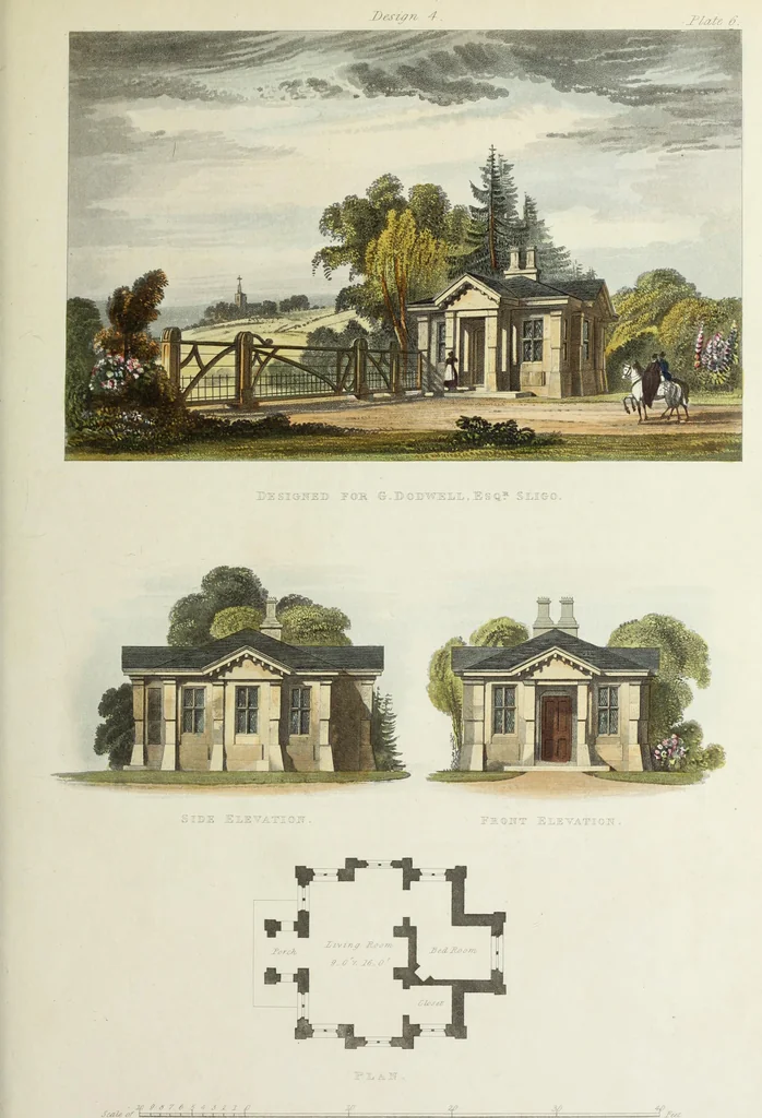 An illustration from Domestic architecture, being a series of designs for mansions, villas, rectory houses, parsonage houses, bailiffs' lodge, gardener's lodge, game-keeper's lodge, park gate lodges, etc. in the Grecian, Italian, and old English styles of architecture. With observations on the appropriate choice of site; the whole designed with strict reference to the practicability of erection, and with due attention to the important consideration of uniting elegance, convenience and domestic comfort with economy ... With accurate estimates appended to each design, 1833, leaf 155