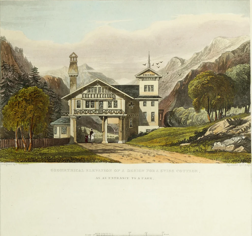An illustration from Domestic architecture, being a series of designs for mansions, villas, rectory houses, parsonage houses, bailiffs' lodge, gardener's lodge, game-keeper's lodge, park gate lodges, etc. in the Grecian, Italian, and old English styles of architecture. With observations on the appropriate choice of site; the whole designed with strict reference to the practicability of erection, and with due attention to the important consideration of uniting elegance, convenience and domestic comfort with economy ... With accurate estimates appended to each design, 1833, leaf 159