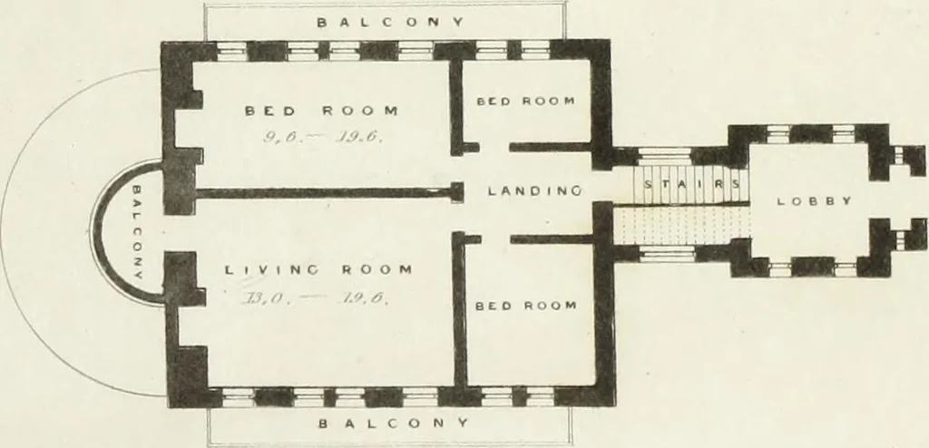 An illustration from Domestic architecture, being a series of designs for mansions, villas, rectory houses, parsonage houses, bailiffs' lodge, gardener's lodge, game-keeper's lodge, park gate lodges, etc. in the Grecian, Italian, and old English styles of architecture. With observations on the appropriate choice of site; the whole designed with strict reference to the practicability of erection, and with due attention to the important consideration of uniting elegance, convenience and domestic comfort with economy ... With accurate estimates appended to each design, 1833, leaf 159
