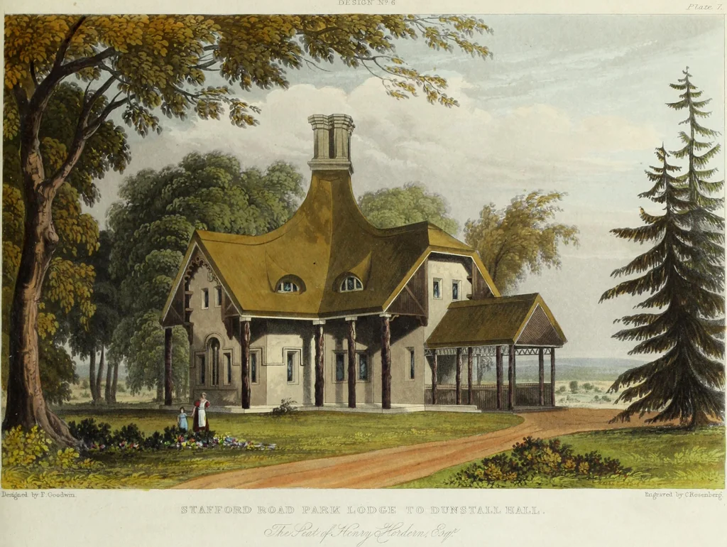 An illustration from Domestic architecture, being a series of designs for mansions, villas, rectory houses, parsonage houses, bailiffs' lodge, gardener's lodge, game-keeper's lodge, park gate lodges, etc. in the Grecian, Italian, and old English styles of architecture. With observations on the appropriate choice of site; the whole designed with strict reference to the practicability of erection, and with due attention to the important consideration of uniting elegance, convenience and domestic comfort with economy ... With accurate estimates appended to each design, 1833, leaf 163