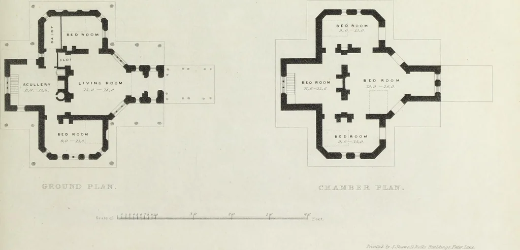 An illustration from Domestic architecture, being a series of designs for mansions, villas, rectory houses, parsonage houses, bailiffs' lodge, gardener's lodge, game-keeper's lodge, park gate lodges, etc. in the Grecian, Italian, and old English styles of architecture. With observations on the appropriate choice of site; the whole designed with strict reference to the practicability of erection, and with due attention to the important consideration of uniting elegance, convenience and domestic comfort with economy ... With accurate estimates appended to each design, 1833, leaf 163