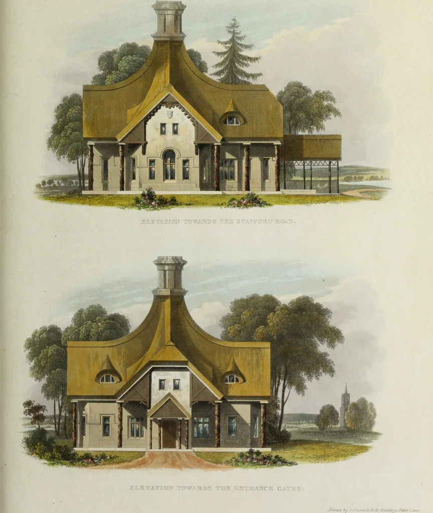 An illustration from Domestic architecture, being a series of designs for mansions, villas, rectory houses, parsonage houses, bailiffs' lodge, gardener's lodge, game-keeper's lodge, park gate lodges, etc. in the Grecian, Italian, and old English styles of architecture. With observations on the appropriate choice of site; the whole designed with strict reference to the practicability of erection, and with due attention to the important consideration of uniting elegance, convenience and domestic comfort with economy ... With accurate estimates appended to each design, 1833, leaf 165