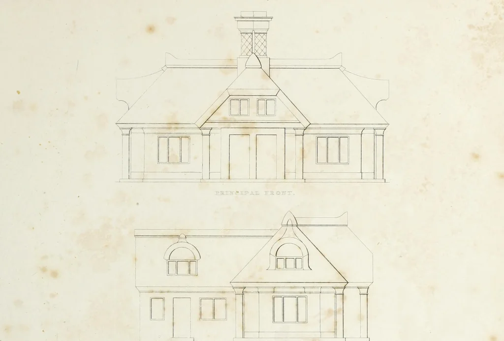An illustration from Domestic architecture, being a series of designs for mansions, villas, rectory houses, parsonage houses, bailiffs' lodge, gardener's lodge, game-keeper's lodge, park gate lodges, etc. in the Grecian, Italian, and old English styles of architecture. With observations on the appropriate choice of site; the whole designed with strict reference to the practicability of erection, and with due attention to the important consideration of uniting elegance, convenience and domestic comfort with economy ... With accurate estimates appended to each design, 1833, leaf 17