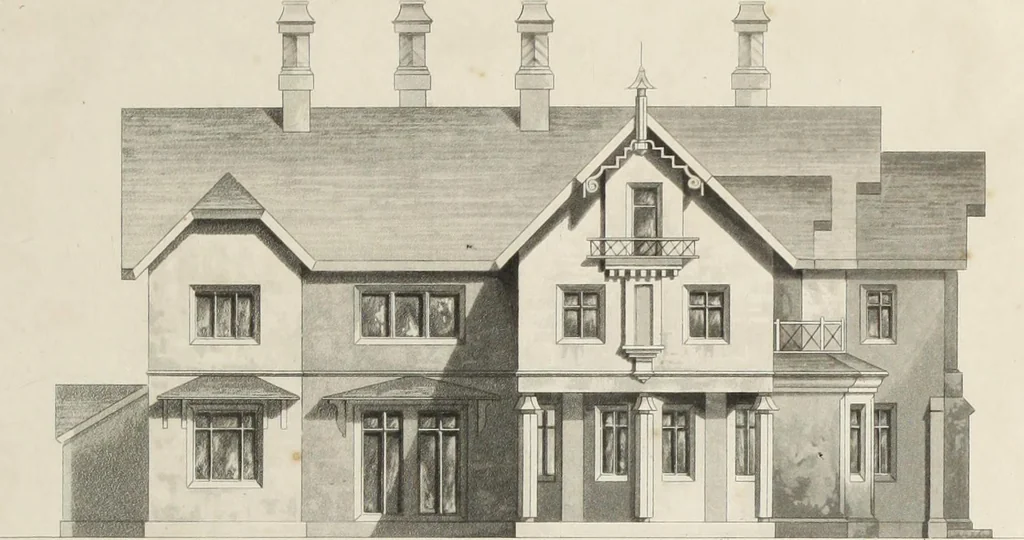 An illustration from Domestic architecture, being a series of designs for mansions, villas, rectory houses, parsonage houses, bailiffs' lodge, gardener's lodge, game-keeper's lodge, park gate lodges, etc. in the Grecian, Italian, and old English styles of architecture. With observations on the appropriate choice of site; the whole designed with strict reference to the practicability of erection, and with due attention to the important consideration of uniting elegance, convenience and domestic comfort with economy ... With accurate estimates appended to each design, 1833, leaf 173