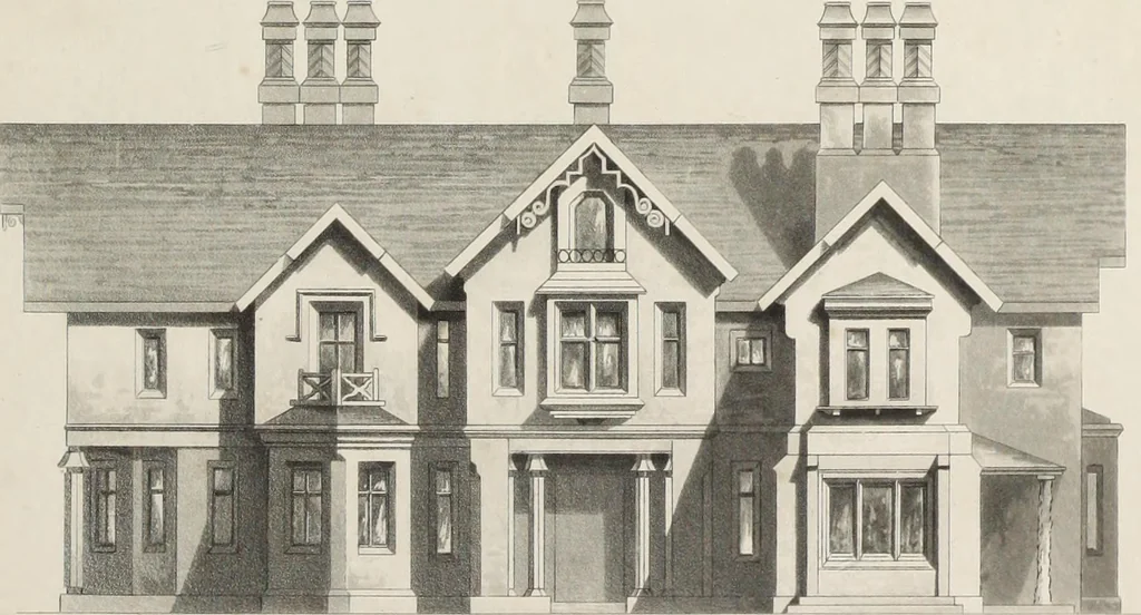 An illustration from Domestic architecture, being a series of designs for mansions, villas, rectory houses, parsonage houses, bailiffs' lodge, gardener's lodge, game-keeper's lodge, park gate lodges, etc. in the Grecian, Italian, and old English styles of architecture. With observations on the appropriate choice of site; the whole designed with strict reference to the practicability of erection, and with due attention to the important consideration of uniting elegance, convenience and domestic comfort with economy ... With accurate estimates appended to each design, 1833, leaf 173